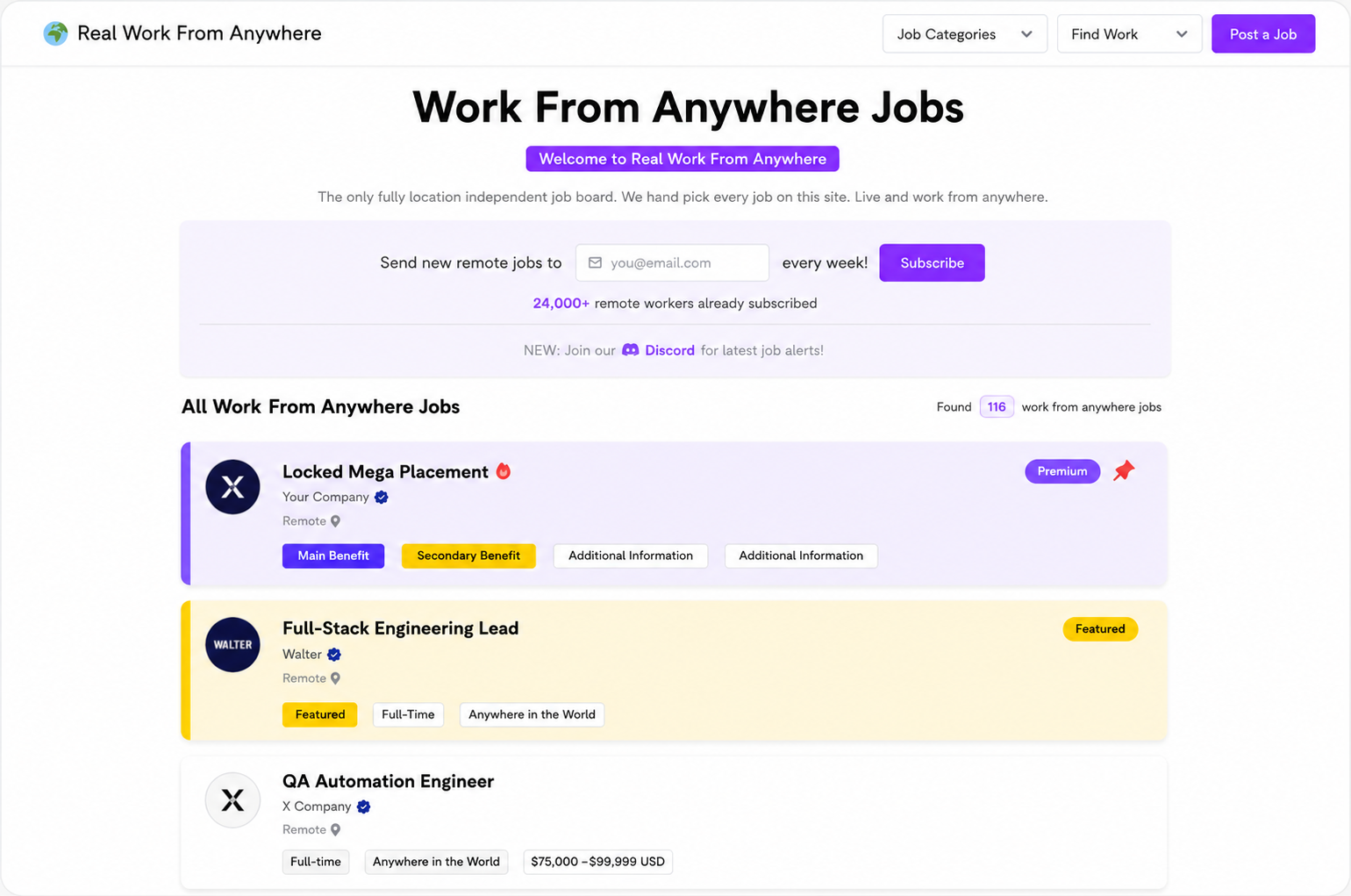 Mega Placement example pinned at the top of the job feed